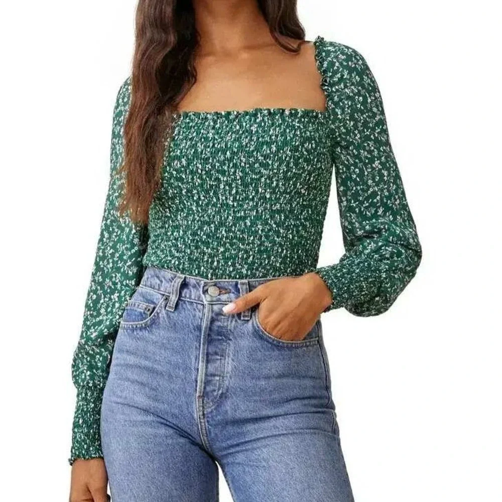 Reformation Green Pinto Top Parsley Floral Print Smocked Blouse Size Medium - Picture 3 of 13